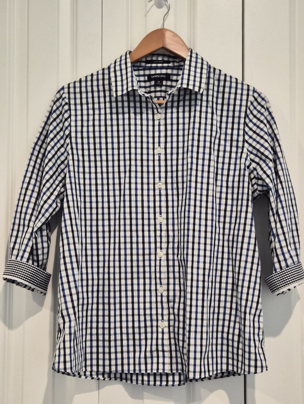 Lands' End Women's Blue Gingham No Iron Supima Cotton Shirt 3/4 Sleeves Size 12